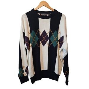 Vintage New River for J. Riggings Argyle Striped Sweater Mens Large Navy White
